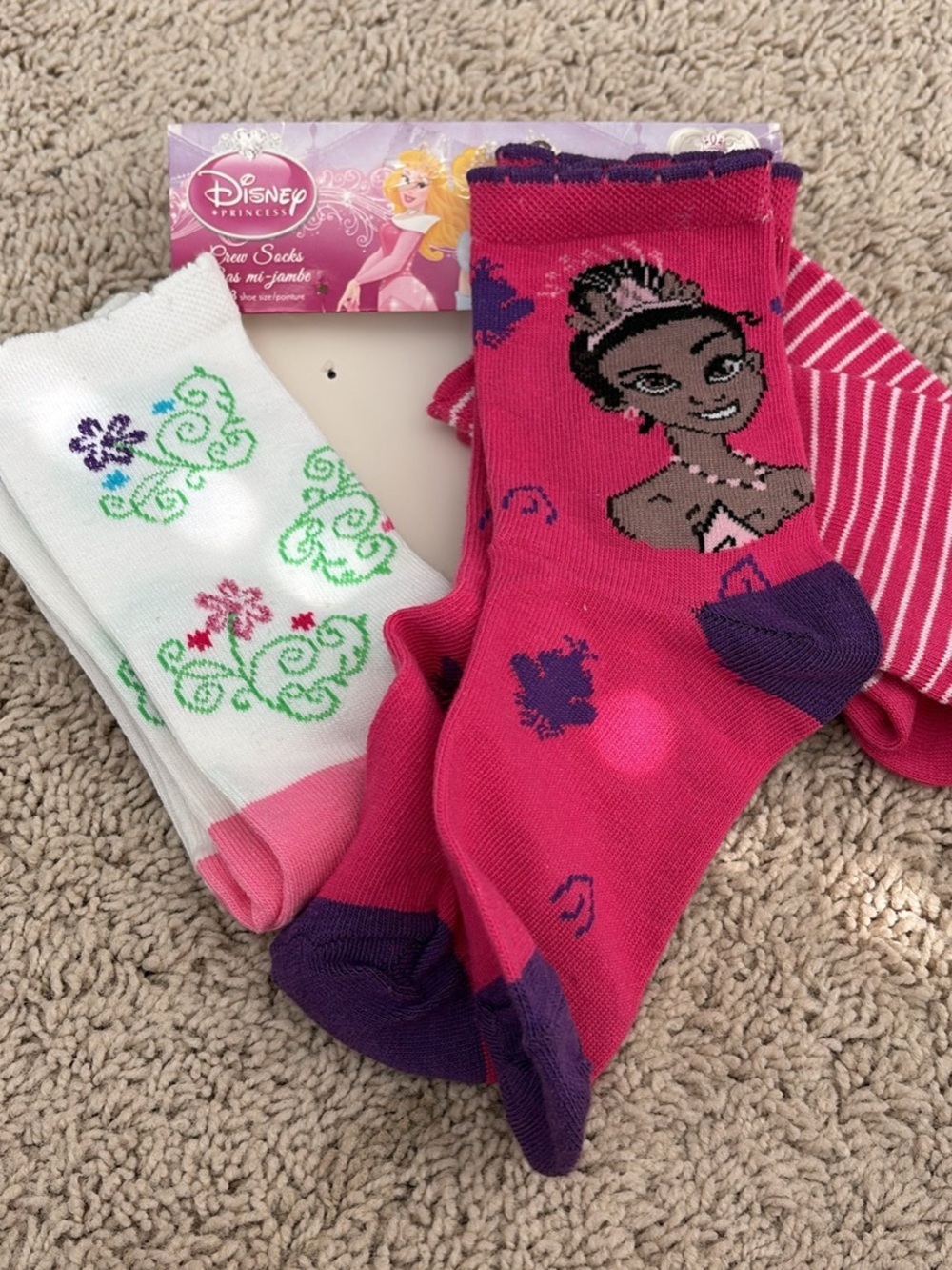 Disney Princess Girls' Pink and White Crew Socks with Princess Graphic